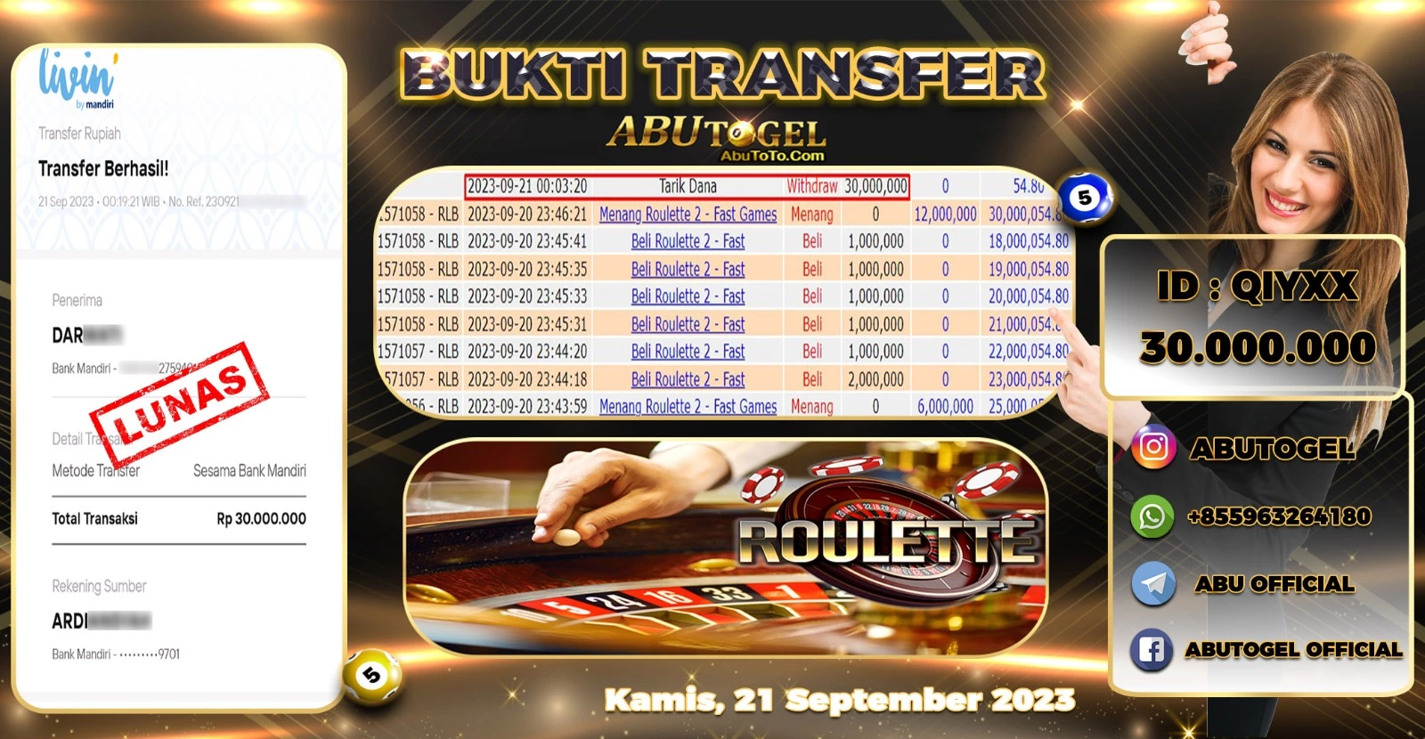 Bukti Jackpot Abu Togel Live Casino Kamis 21 September 2023