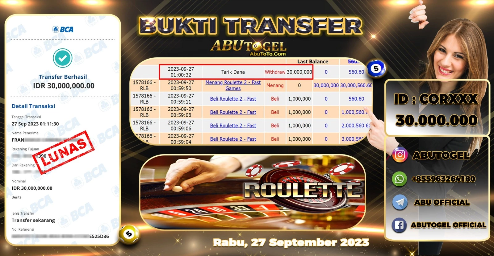 Bukti Jackpot Abu Togel Live Casino Rabu 25 September 2023