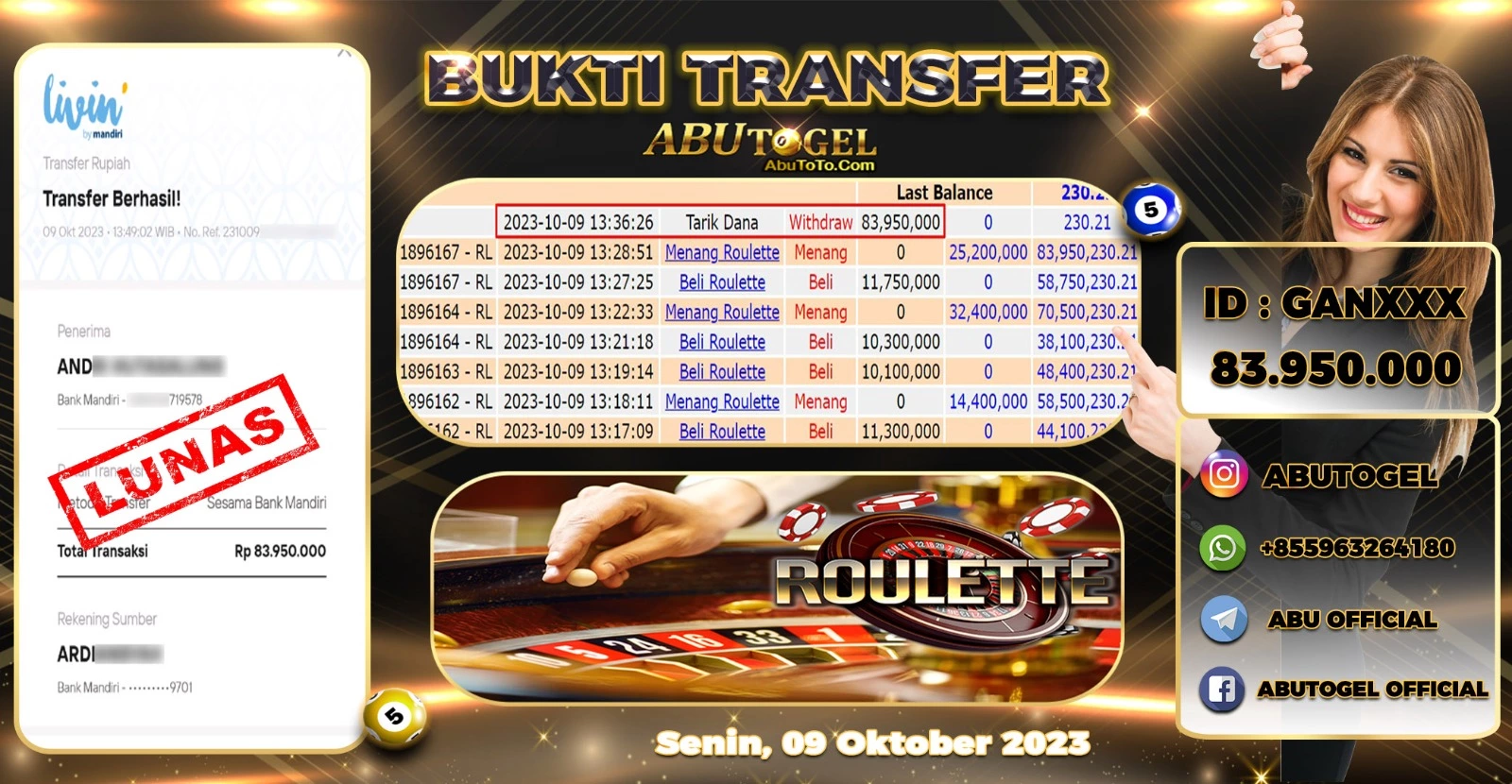 Bukti Jackpot Abu Togel Live Casino Senin 09 Oktober 2023