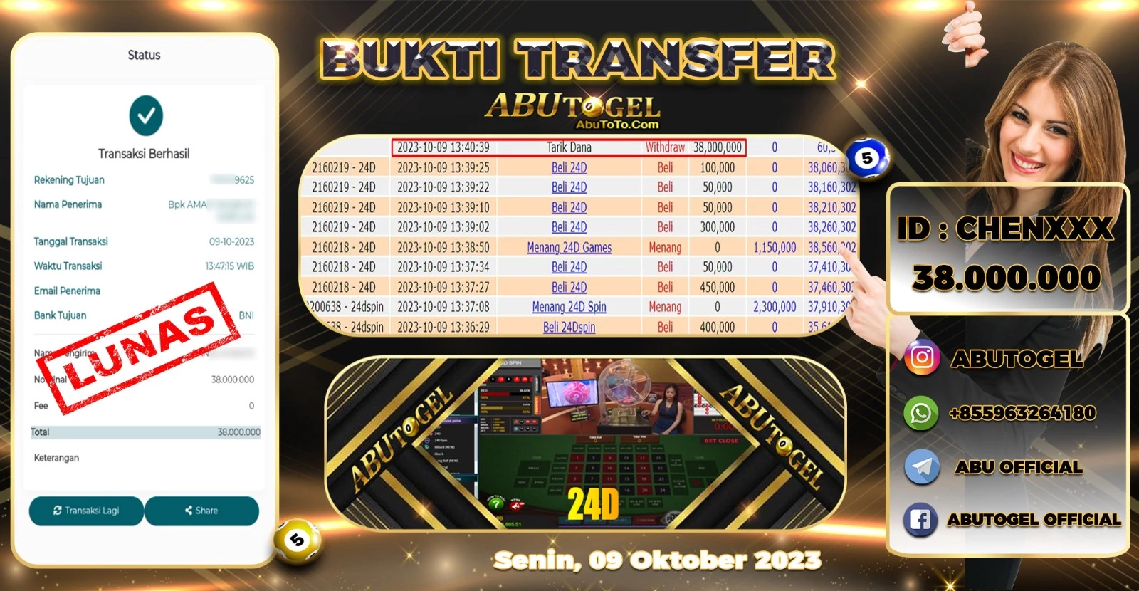 Bukti Jackpot Abu Togel Live Casino Senin 09 Oktober 2023