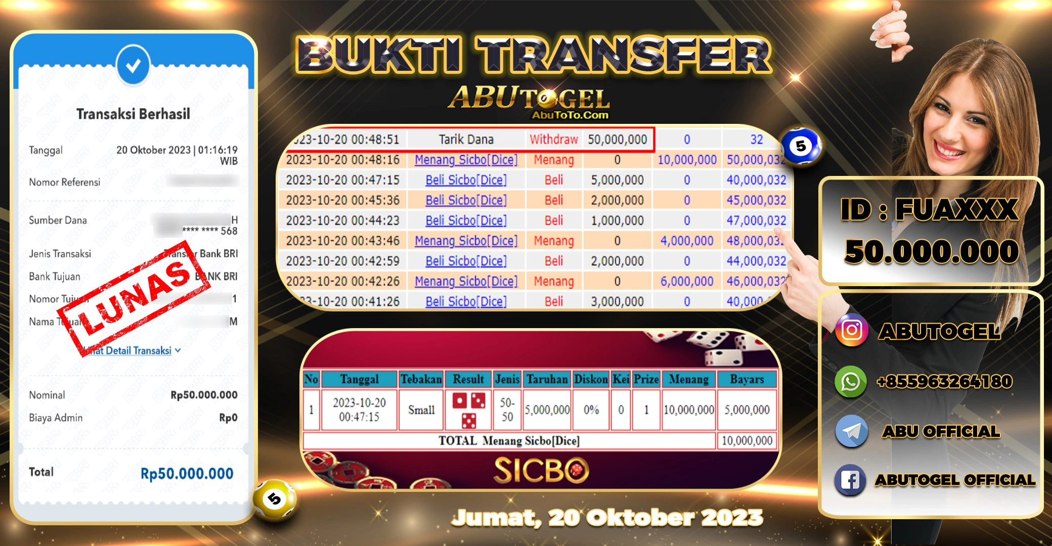 Bukti Jackpot Abu Togel Live Casino Jumat 20 Oktober 2023