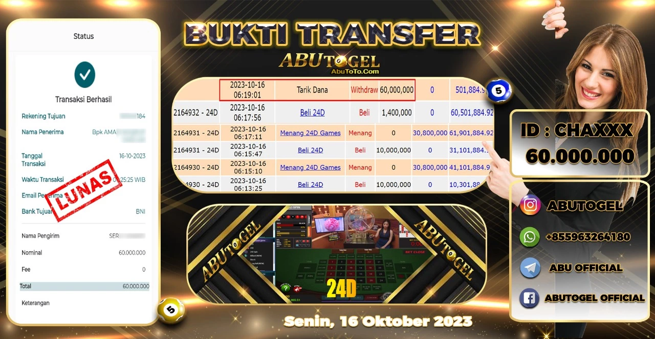 Bukti Jackpot Abu Togel Live Casino Senin 16 Oktober 2023