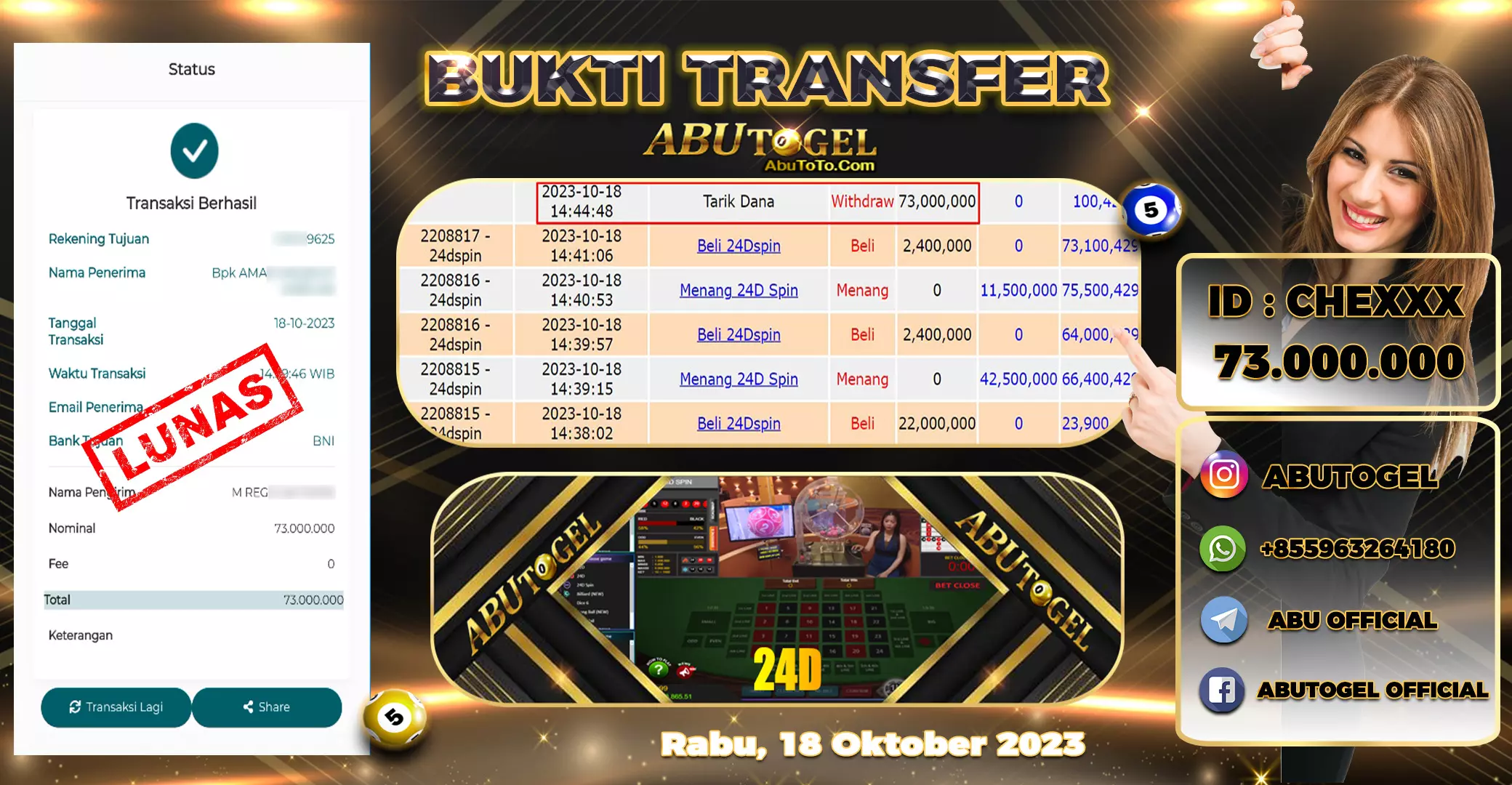 Bukti Jackpot Abu Togel Live Casino Rabu 18 Oktober 2023