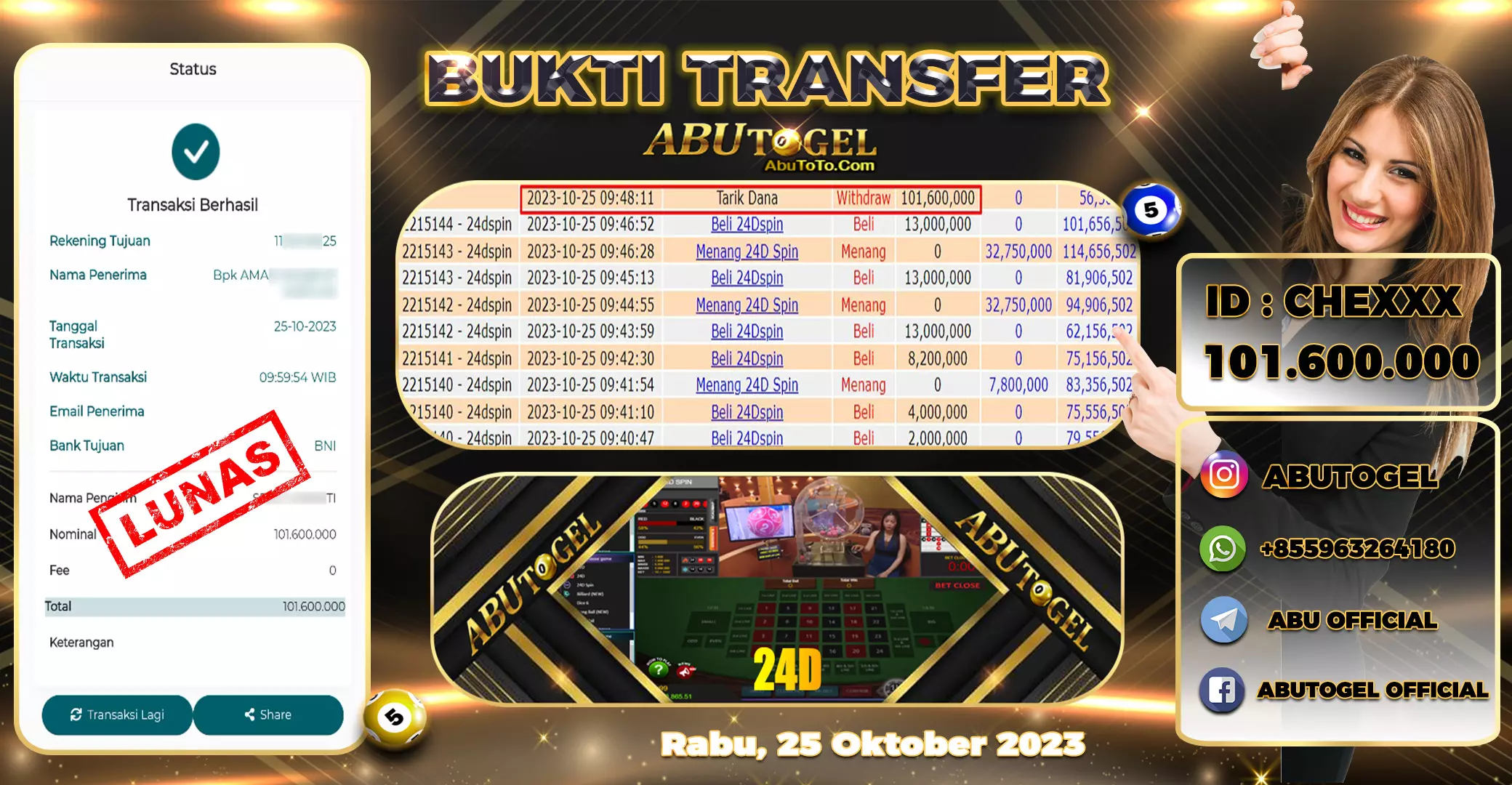 Bukti Jackpot Abu Togel Live Casino Rabu 25 Oktober 2023